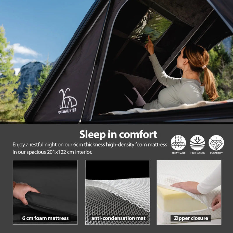 Load image into Gallery viewer, An image of a   Aluminium Triangle Hard Shell Rooftop Tent with Extra Large Rainfly