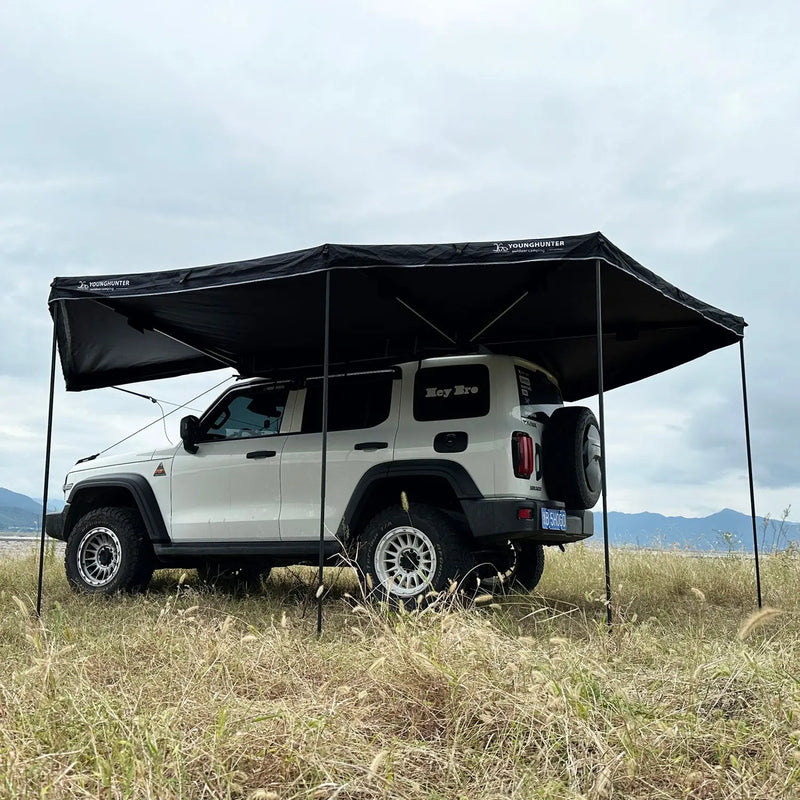 Chargez l'image dans la visionneuse de la galerie, An image of a   Younghunter Glamping Free Standing 360 Degree Large Foxwing SUV Roof Tent Car Side Awning With Light