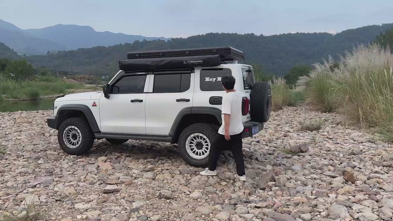 Load and play video in Gallery viewer, Younghunter Camping 180 Degree Free Standing Fan tent SUV Car Side Awning With LED bars