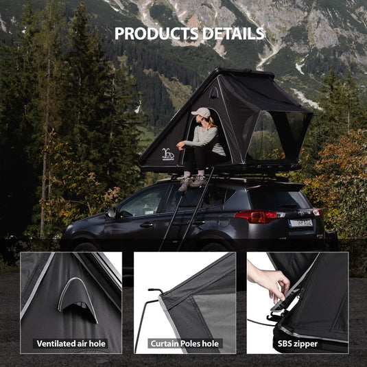 An image of a   4x4 Camping car truck pop up triangle hardshell rooftop tent