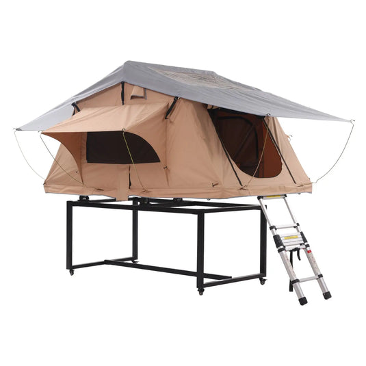 An image of a 140-240-130CM-Khaki-fabric  Outdoor SUV Soft Shell House Shaped Custom Camping Car Roof Tent