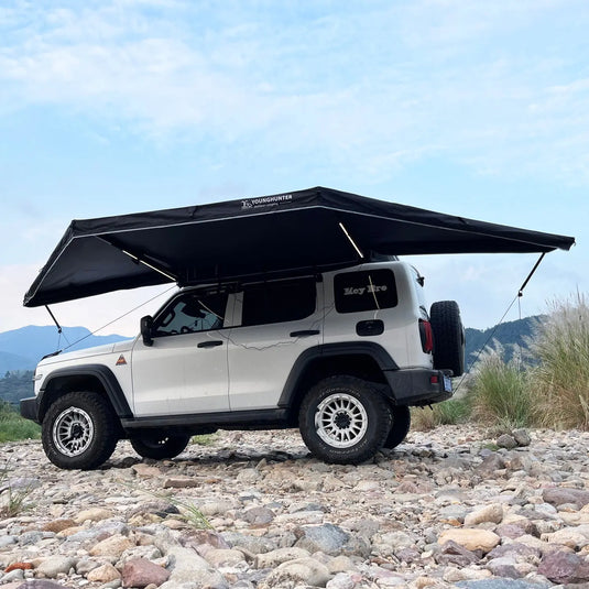 An image of a   Younghunter Camping 180 Degree Free Standing Fan tent SUV Car Side Awning With LED bars