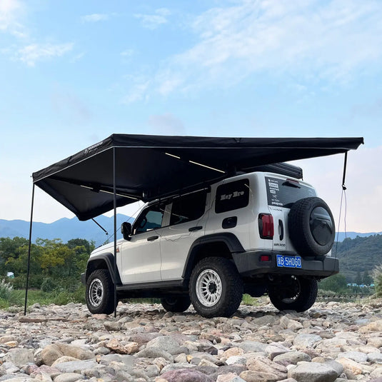 An image of a   Younghunter Camping 180 Degree Free Standing Fan tent SUV Car Side Awning With LED bars