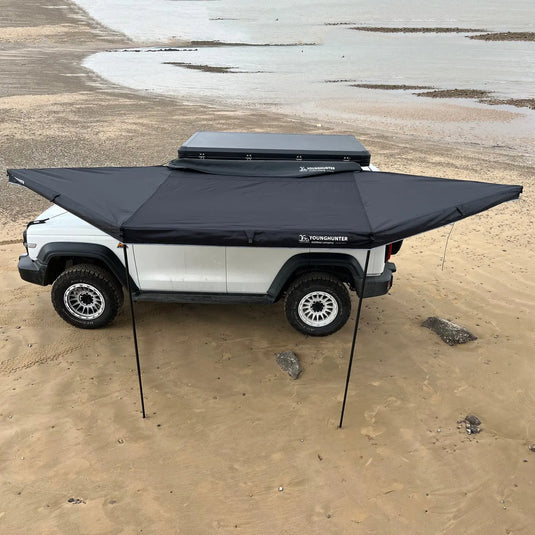 An image of a   Younghunter Camping 180 Degree Free Standing Fan tent SUV Car Side Awning With LED bars